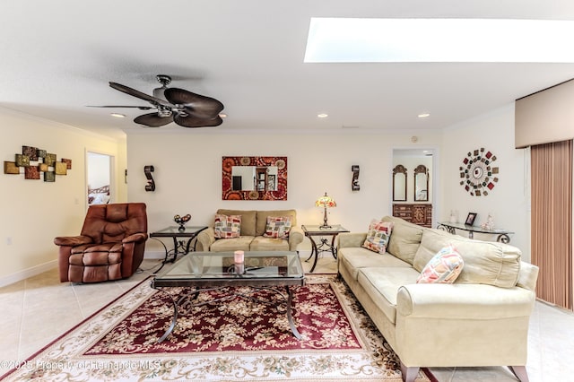 2481 Whispering Pines Ct, Spring Hill, FL 34606 - living area featuring crown molding, light tile patterned flooring, a ceiling fan, baseboards, and recessed lighting