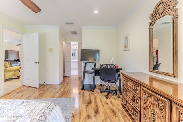 2481 Whispering Pines Ct, Spring Hill, FL 34606 - bedroom with light wood finished floors, crown molding, an office area, baseboards, and recessed lighting