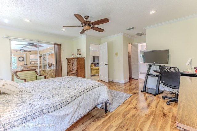 2481 Whispering Pines Ct, Spring Hill, FL 34606 - bedroom with a desk, light wood-style floors, ornamental molding, recessed lighting, and access to exterior