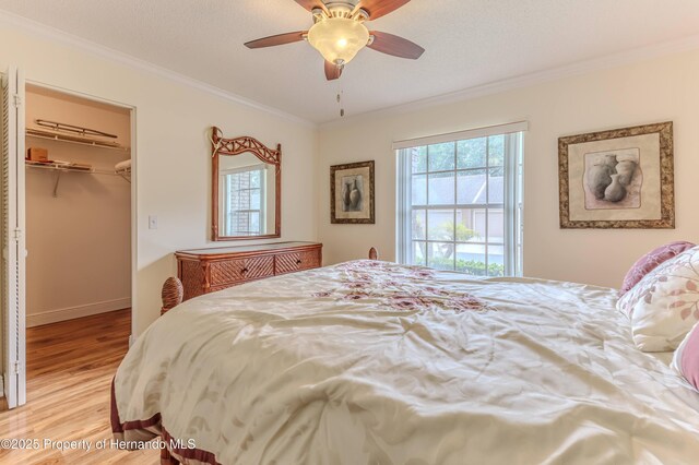 2481 Whispering Pines Ct, Spring Hill, FL 34606 - bedroom with light wood-type flooring, ornamental molding, a spacious closet, a ceiling fan, and a closet