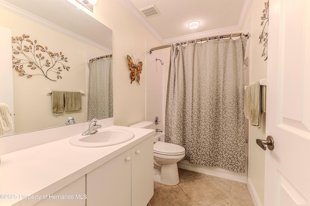 2481 Whispering Pines Ct, Spring Hill, FL 34606 - full bathroom with vanity, toilet, tile patterned floors, a textured ceiling, and crown molding