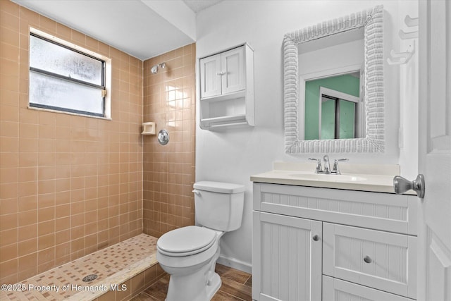 2450 Ambassador Ave, Spring Hill, FL 34609 - bathroom with a tile shower, vanity, toilet, baseboards, and wood finished floors
