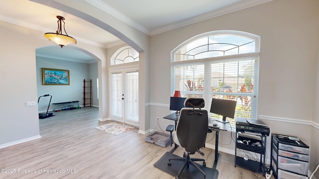 22316 Red Jacket, Land O Lakes, FL 34639 - office featuring french doors, arched walkways, wood finished floors, baseboards, and crown molding