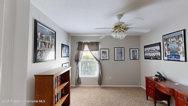 22316 Red Jacket, Land O Lakes, FL 34639 - home office featuring a ceiling fan, carpet flooring, a textured ceiling, and baseboards