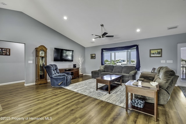 4123 Daisy Dr, Hernando Beach, FL 34607 - living area with ceiling fan, wood finished floors, baseboards, recessed lighting, and high vaulted ceiling