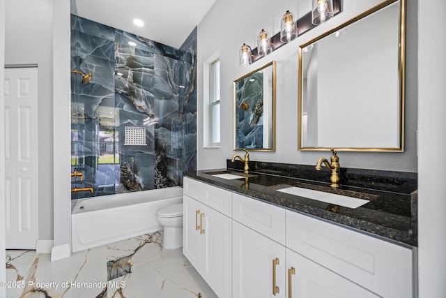 5317 Lydia Ct, Spring Hill, FL 34608 - full bathroom featuring double vanity, toilet, marble tiled floors, shower / bathtub combination, and recessed lighting