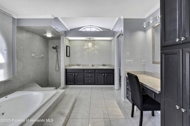 10277 Rosetti Ct, Spring Hill, FL 34608 - full bathroom with double vanity, a bath, crown molding, tile patterned flooring, and a shower