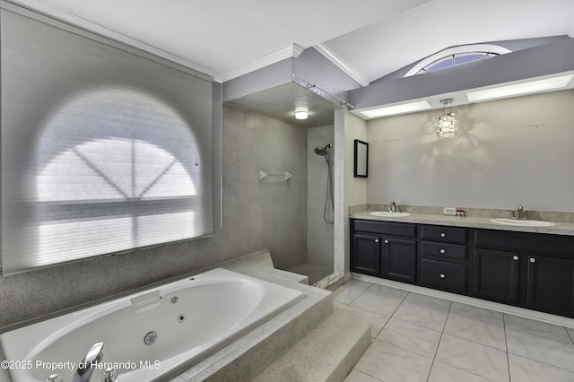 10277 Rosetti Ct, Spring Hill, FL 34608 - full bathroom with a jetted tub, vaulted ceiling, double vanity, and a tile shower