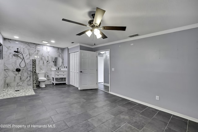 10277 Rosetti Ct, Spring Hill, FL 34608 - unfurnished bedroom with ornamental molding, ensuite bath, recessed lighting, dark tile patterned floors, and baseboards