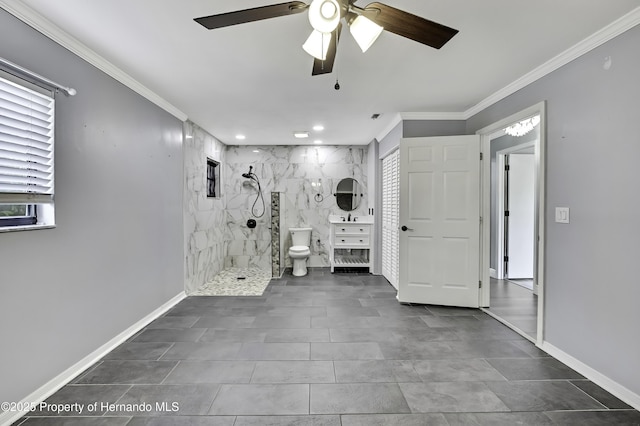 10277 Rosetti Ct, Spring Hill, FL 34608 - workout area featuring ornamental molding, ceiling fan, baseboards, and recessed lighting