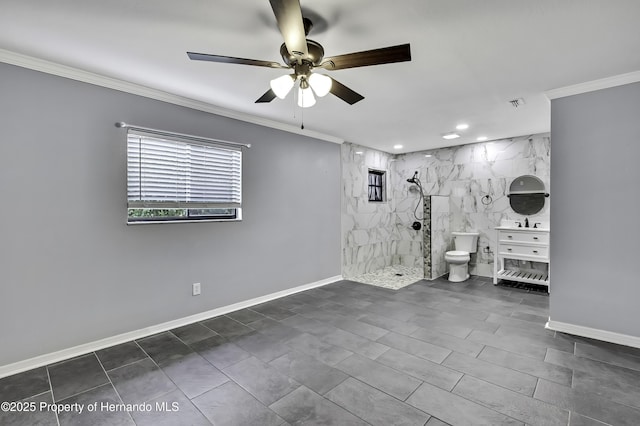 10277 Rosetti Ct, Spring Hill, FL 34608 - exercise room with ornamental molding, a ceiling fan, recessed lighting, and baseboards