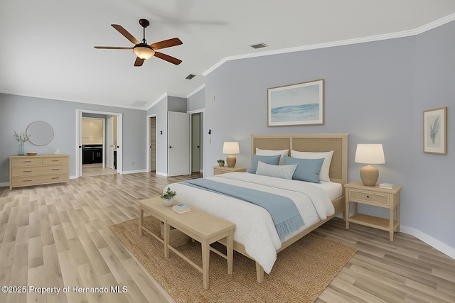 10277 Rosetti Ct, Spring Hill, FL 34608 - bedroom with vaulted ceiling, ornamental molding, light wood-style flooring, ensuite bath, and a ceiling fan