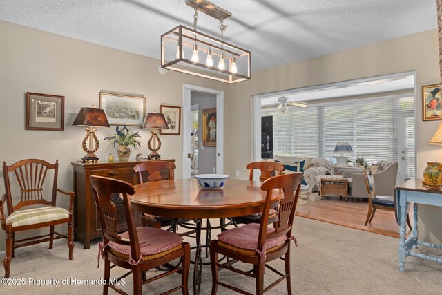 2486 Deer Trail Ln, Spring Hill, FL 34606 - dining space with a textured ceiling, a ceiling fan, and light carpet