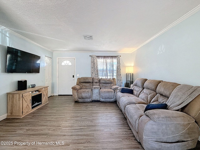 1531 NE 38th St, Ocala, FL 34479 - living area with wood finished floors, ornamental molding, baseboards, and a textured ceiling
