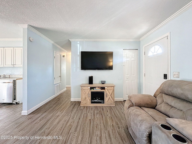 1531 NE 38th St, Ocala, FL 34479 - living room with ornamental molding, light wood-type flooring, baseboards, and a textured ceiling