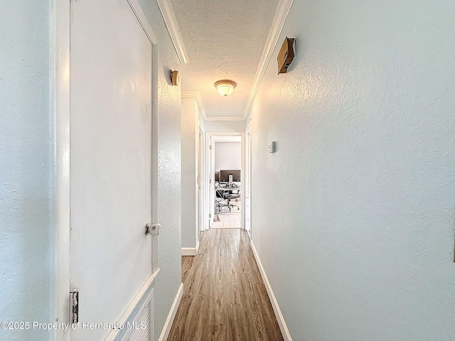 1531 NE 38th St, Ocala, FL 34479 - hallway with crown molding, a textured ceiling, wood finished floors, baseboards, and a textured wall