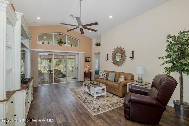 11404 Inman Ct, Spring Hill, FL 34609 - living room featuring a ceiling fan, dark wood-type flooring, high vaulted ceiling, and recessed lighting