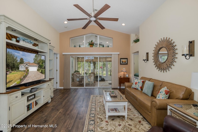 11404 Inman Ct, Spring Hill, FL 34609 - living area featuring a ceiling fan, high vaulted ceiling, and wood finished floors