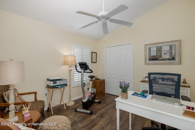 11404 Inman Ct, Spring Hill, FL 34609 - office with dark wood-style floors, vaulted ceiling, a ceiling fan, and baseboards