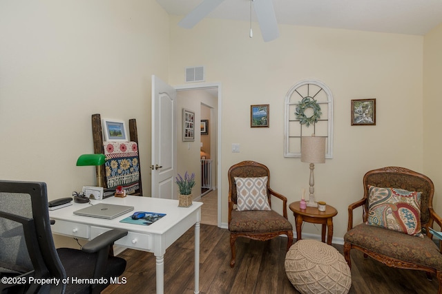 11404 Inman Ct, Spring Hill, FL 34609 - office space with wood finished floors, baseboards, and a ceiling fan