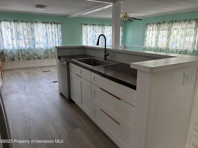 12325 Fairway Ave, Brooksville, FL 34613 - kitchen featuring dishwasher, dark countertops, wood finished floors, ceiling fan, and white cabinetry