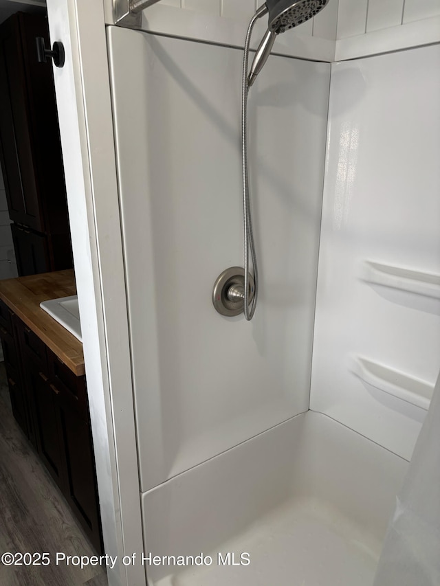 12325 Fairway Ave, Brooksville, FL 34613 - full bathroom with a shower, vanity, and wood finished floors
