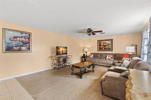 4148 Landover Blvd, Spring Hill, FL 34609 - living area featuring a ceiling fan, a textured ceiling, baseboards, and light tile patterned flooring