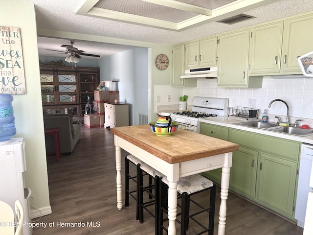 11087 Addison St, Spring Hill, FL 34609 - kitchen featuring white range with gas stovetop, under cabinet range hood, green cabinets, dark wood-style floors, and tasteful backsplash