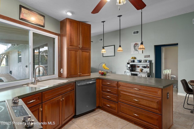 204 Oak Lake Dr, Spring Hill, FL 34608 - kitchen with stainless steel dishwasher, a peninsula, brown cabinetry, light tile patterned floors, and a ceiling fan