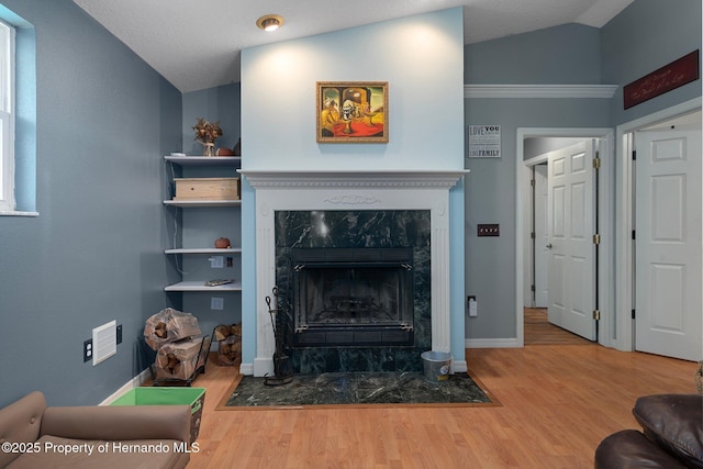 204 Oak Lake Dr, Spring Hill, FL 34608 - living area featuring wood finished floors, a fireplace, and lofted ceiling