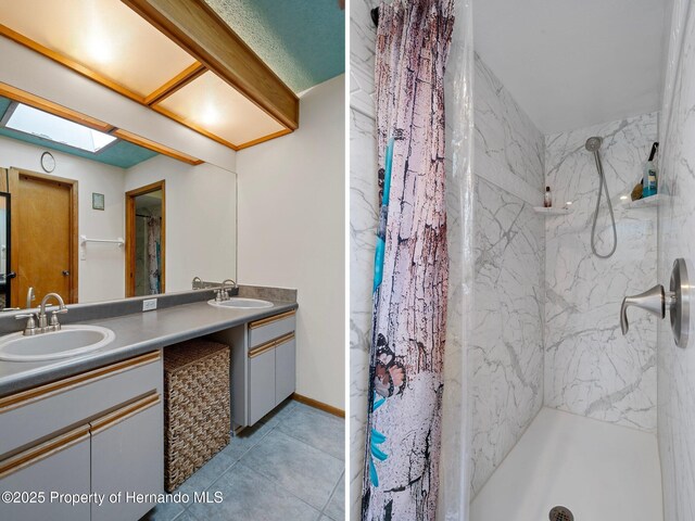 204 Oak Lake Dr, Spring Hill, FL 34608 - bathroom with double vanity, a marble finish shower, and tile patterned flooring
