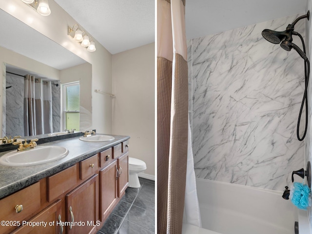 204 Oak Lake Dr, Spring Hill, FL 34608 - full bathroom featuring shower / bathtub combination with curtain, double vanity, and tile patterned floors