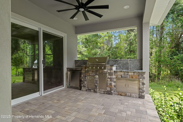 5018 Elm Leaf Dr, Brooksville, FL 34601 - view of patio featuring an outdoor kitchen, ceiling fan, and view of scattered trees
