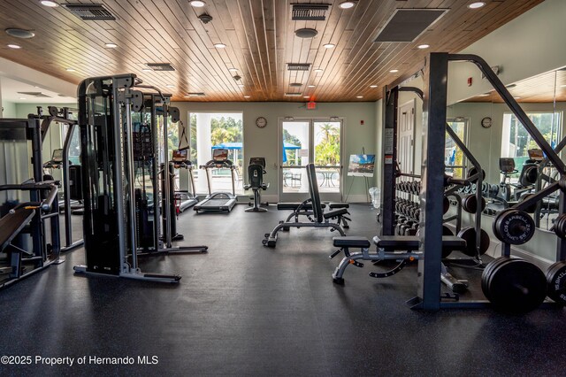 5018 Elm Leaf Dr, Brooksville, FL 34601 - workout area with recessed lighting and wood ceiling