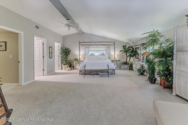 5233 Tuscawilla Dr, Weeki Wachee, FL 34607 - bedroom with vaulted ceiling, carpet floors, and a ceiling fan