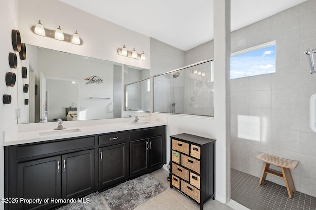 1098 Old Windsor Way, Spring Hill, FL 34609 - full bath featuring walk in shower, tile patterned floors, and double vanity