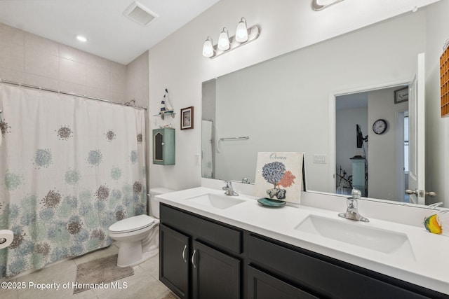 1098 Old Windsor Way, Spring Hill, FL 34609 - full bathroom with tile patterned floors, double vanity, curtained shower, and recessed lighting