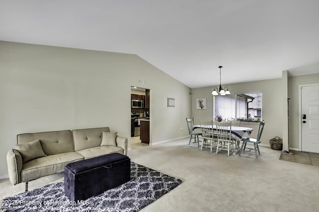 7385 Crestwood Dr, Weeki Wachee, FL 34613 - living room featuring a chandelier, light carpet, and lofted ceiling