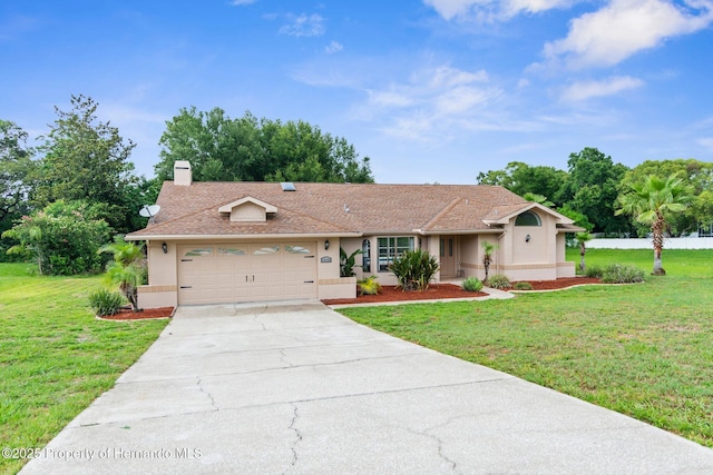 13125 Jessica Dr, Spring Hill, FL 34609 - single story home with concrete driveway, a front yard, stucco siding, an attached garage, and a chimney