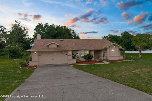 13125 Jessica Dr, Spring Hill, FL 34609 - ranch-style house featuring concrete driveway, a front yard, a chimney, a garage, and stucco siding