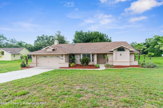 13125 Jessica Dr, Spring Hill, FL 34609 - ranch-style house with stucco siding, a front yard, driveway, an attached garage, and a chimney