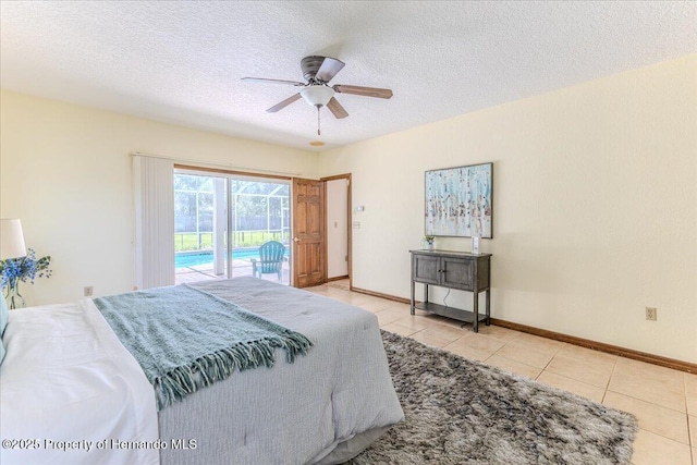 4276 River Birch Dr, Spring Hill, FL 34607 - bedroom featuring access to exterior, tile patterned flooring, a textured ceiling, and ceiling fan