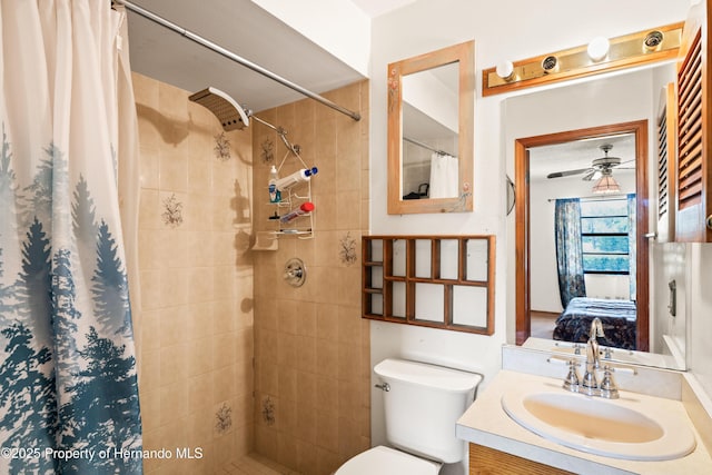 13345 Convent Garden Rd, Brooksville, FL 34613 - bathroom with connected bathroom, vanity, tiled shower, and ceiling fan