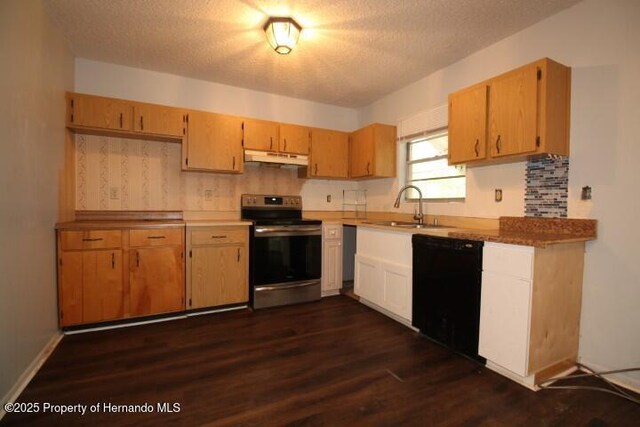 6275 Casson St, Brooksville, FL 34604 - kitchen featuring electric range, dishwasher, under cabinet range hood, dark wood-type flooring, and a textured ceiling