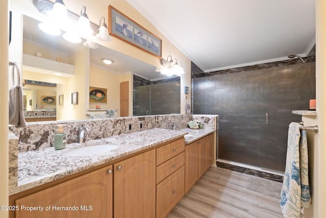 13027 Beacon Ct, Hudson, FL 34667 - bathroom with ornamental molding, vanity, a shower with shower door, and wood finished floors