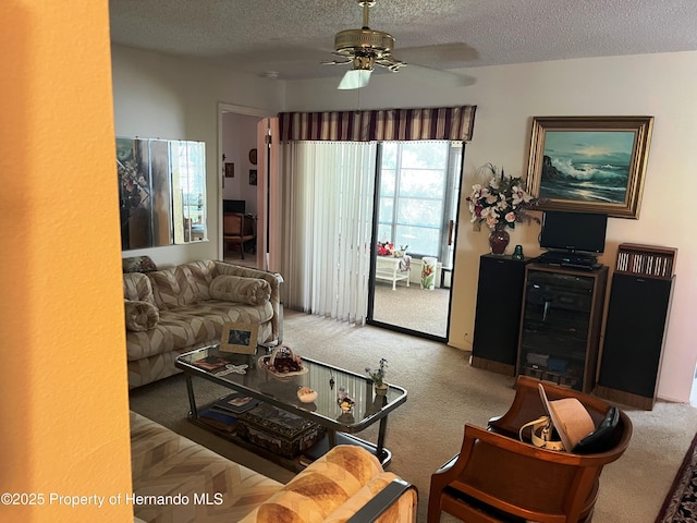 9474 Nakoma Way, Weeki Wachee, FL 34613 - carpeted living area with a textured ceiling and a ceiling fan