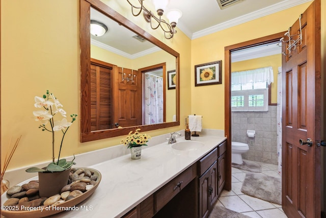 20480 Lake Lindsey Rd, Brooksville, FL 34601 - bathroom with tile patterned floors, vanity, crown molding, and tile walls