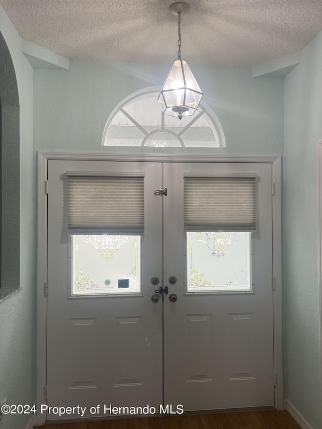 5388 Idleweise Ct, Spring Hill, FL 34606 - doorway to outside featuring a textured ceiling, dark wood-style floors, and healthy amount of natural light