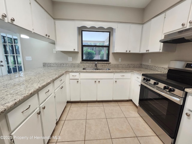 18232 Monteverde Dr, Spring Hill Pasco, FL 34610 - kitchen featuring stainless steel electric range oven, under cabinet range hood, white cabinets, light tile patterned floors, and light stone counters