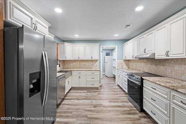 1518 Palm St, Steinhatchee, FL 32359 - kitchen with stainless steel appliances, under cabinet range hood, light wood-type flooring, white cabinetry, and backsplash